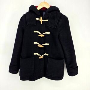 GAP Duffle Coat Womens XS Black Wool Blend Plaid Lined Hooded Toggle Jacket SEO